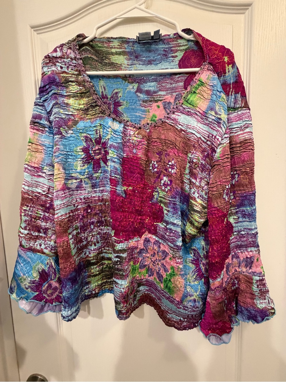 Alberto Makali Y2K Crinkle Mesh Floral Blouse Beaded Bell Sleeve Size L